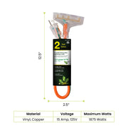 GoGreen Power () 12/3 2' 3-Outlet Heavy Duty Extension Cord by Power By GoGreen – 2 ft, copper, Orange, Model GG-15302
