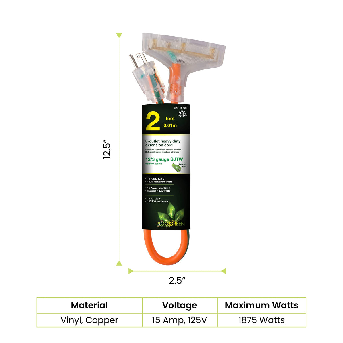 GoGreen Power () 12/3 2' 3-Outlet Heavy Duty Extension Cord by Power By GoGreen – 2 ft, copper, Orange, Model GG-15302