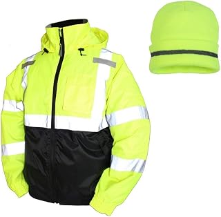 TINGLEY Bomber II Hi-Vis Lime Jacket J26112 Winter Safety with Hi-Vis Lime Winter Weather Beanie Hat (Small)