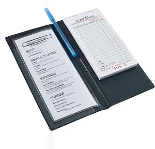 Winco 9 1/4" x 4 1/2" Black Check Holder with Display Pocket | Credit card slot, Guest check pocket, Folding style, Pen loop, Display pocket, Great for Appetizers, Desserts and Catering