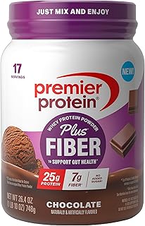 Premier Protein Powder Plus Fiber, Chocolate, 25g Protein, 7g Fiber to Support Gut Health, No Added Sugar (17 Servings)