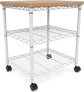 Safco Deskside Printer Stand, Printer Table for Home Office, Mobile Rolling Cart with Adjustable Shelves, White