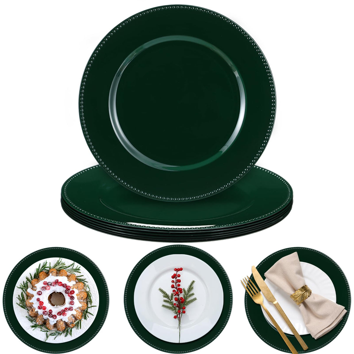 Bokon Charger Plates, 13 Inch Round Beaded, Green, 6 Pack