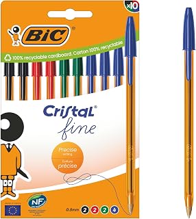 BIC Cristal Original Ballpoint Pens Fine Tip (8 mm) - Assorted Colours - Orange Barrel - Box of 10