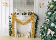 Christmas Tree Gold Tinsel Garland Wide Cut Gold Metallic Streamers Celebrate a Holiday New Years Eve Happy Party Ceiling Hanging Decorations Indoor and Outdoor Disco Party