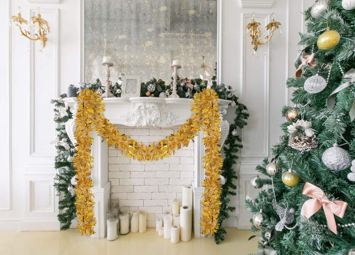 Christmas Tree Gold Tinsel Garland Wide Cut Gold Metallic Streamers Celebrate a Holiday New Years Eve Happy Party Ceiling Hanging Decorations Indoor and Outdoor Disco Party