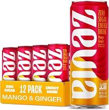 Zevia Zero Sugar Energy Drink, Mango Ginger, 12 oz Cans (12-Pack) – Naturally Sweetened, Zero Calorie Sugar Free Energy - Non-GMO Project Verified, Gluten-Free, Vegan