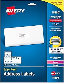 Avery Easy Peel Printable Address Labels, Sure Feed Technology, 1" x 2-5/8" Customizable Stickers, White, 300 Blank Mailing Labels, Great for Mailing, Shipping, and More (18160)