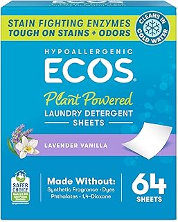 ECOS Laundry Detergent Sheets Vegan, No Plastic Jug, No Mess, Liquid Free - Hypoallergenic, Plant Powered Laundry Detergent Sheet - Lavender Vanilla - 64 Count (Pack of 1)