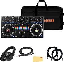 PIONEER DJ DDJ-REV7 Scratch-Style 2-Channel Professional DJ Controller Bundle with Case, HDJ-X5-K Headphones, XLR Microphone Cable, TRS to Dual TS Breakout Cable, and Austin Bazaar Polishing Cloth