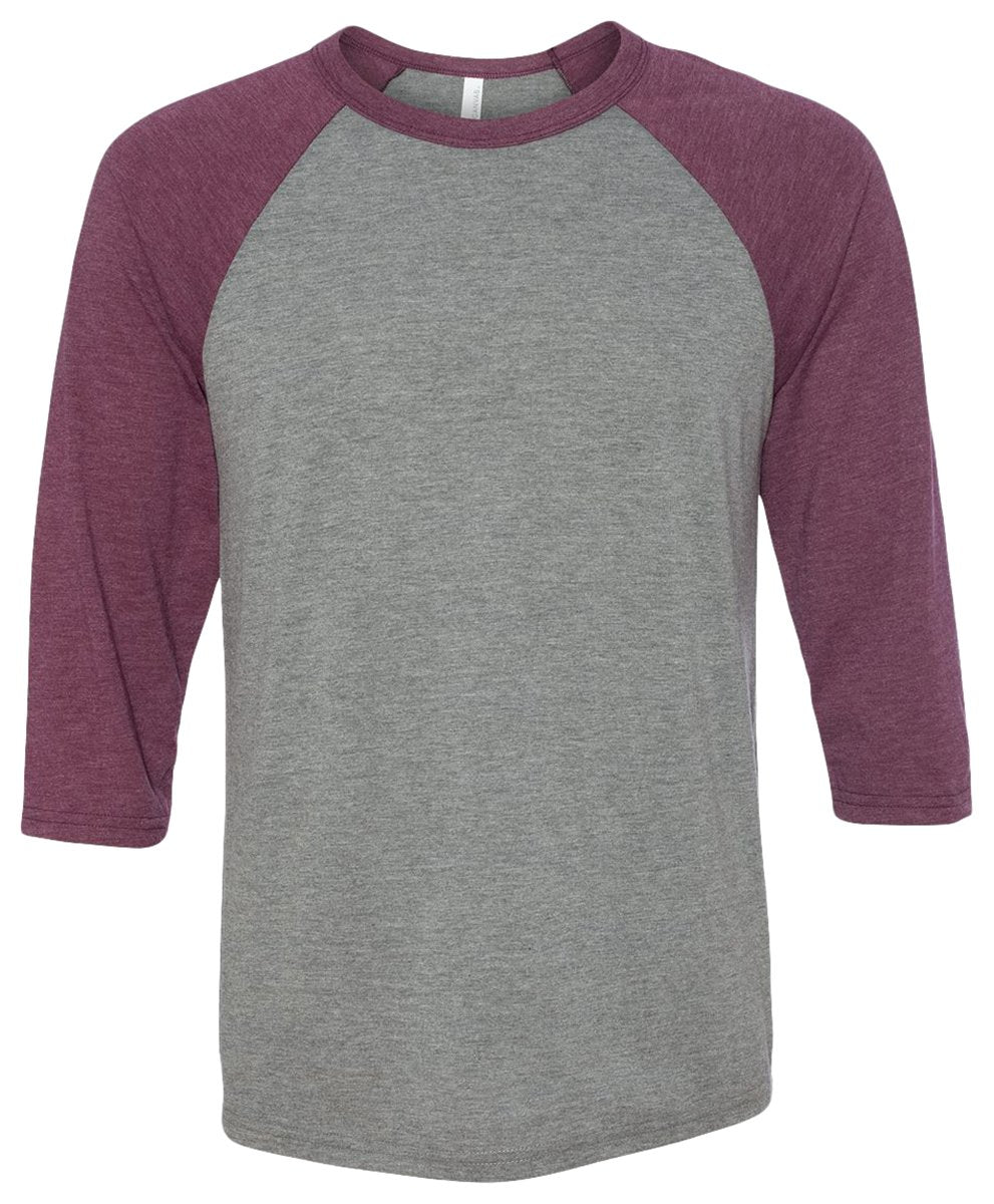 BELLA+CANVAS 3/4-Sleeve Baseball Tee by Bella + Canvas – Polyester, Grey/ Maroon Triblend, Model C3200
