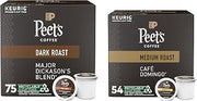 Peet's Coffee Medium and Dark Roast Keurig K-Cup Pods Bundle - Café Domingo 54 Count and Major Dickason's Blend 75 Count