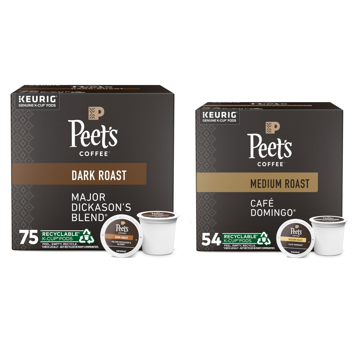 Medium and Dark Roast Keurig K-Cup Pods Bundle - Café Domingo 54 Count and Major Dickason's Blend 75 Count by Peet's Coffee – 129 Count (Pack of 2), Model Dark Roast K-Cup Pods