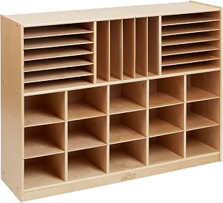 ECR4Kids Multi-Section Mobile Tray Cabinet with Cubby Storage Compartments, Kids Furniture, Natural, 48"D x 13"W x 36"H