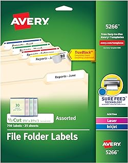 Avery TrueBlock File Folder Labels, 2/3" x 3-7/16", Assorted Colors, 10 Packs, 7,500 Printable Labels (5266)