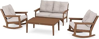 Polywood Vineyard 4-Piece Deep Seating Rocking Chair Set in Teak/Dune Burlap
