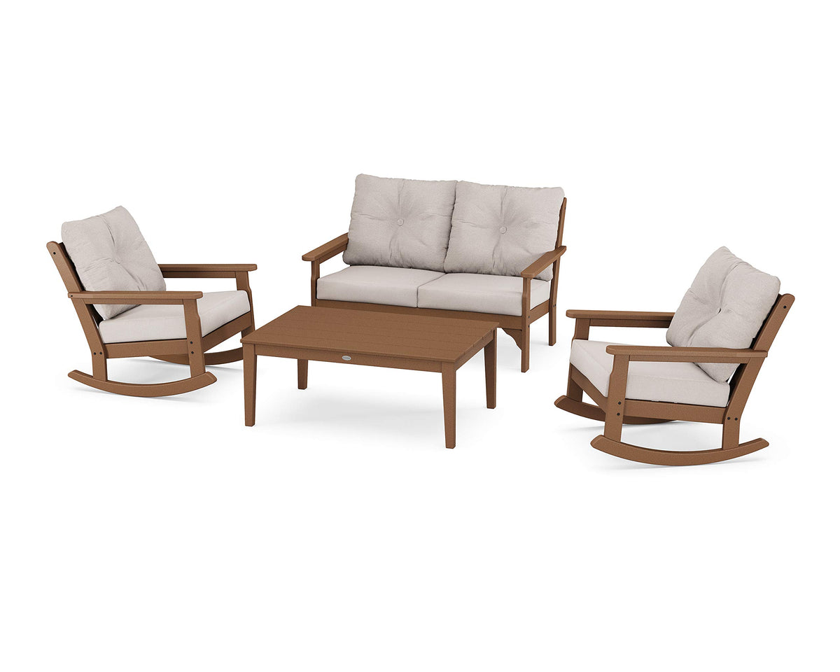 ® Vineyard 4-Piece Deep Seating Rocking Chair Set in Teak/Dune Burlap by Polywood – High Density Polyethylene, Teak / Dune Burlap, Model PWS404-2-TE145999