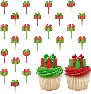 DecoPac Holiday Gifts Cupcake Toppers, 24 Christmas Cake Decorations, Red & Green, Food Safe – 24 Pack