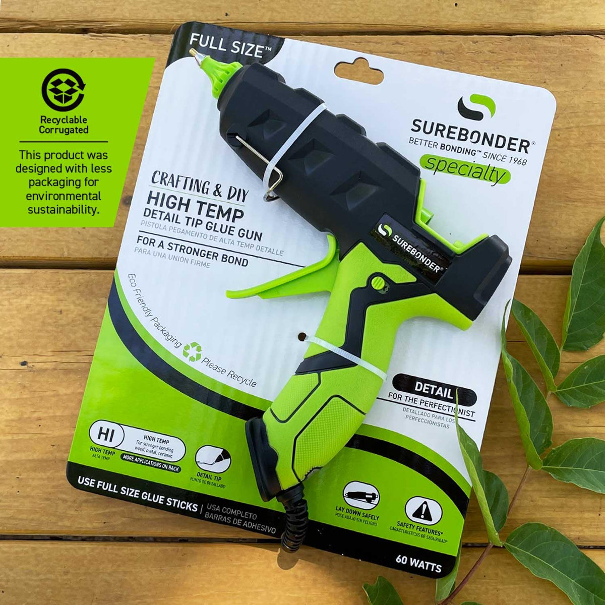 Powerful 60 Watt Full Size Fine/Detail Tip Hot Glue Gun by Surebonder – .063 (1/16) inches, Black and Green, Model H-327F