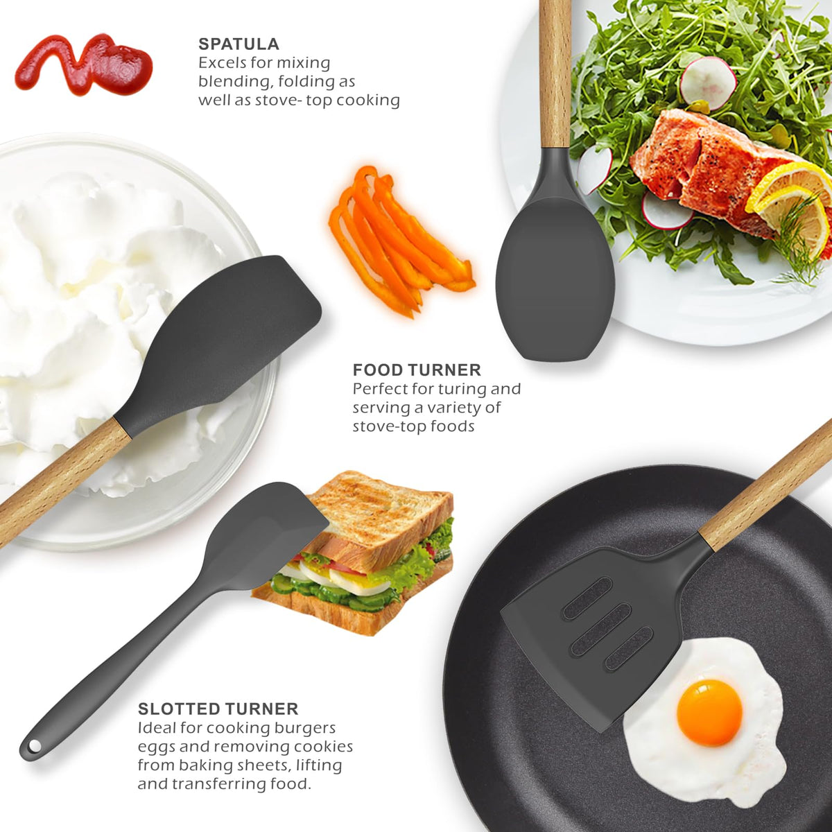 Oannao Silicone Utensil Set, Heat Resistant to 446F, Gray