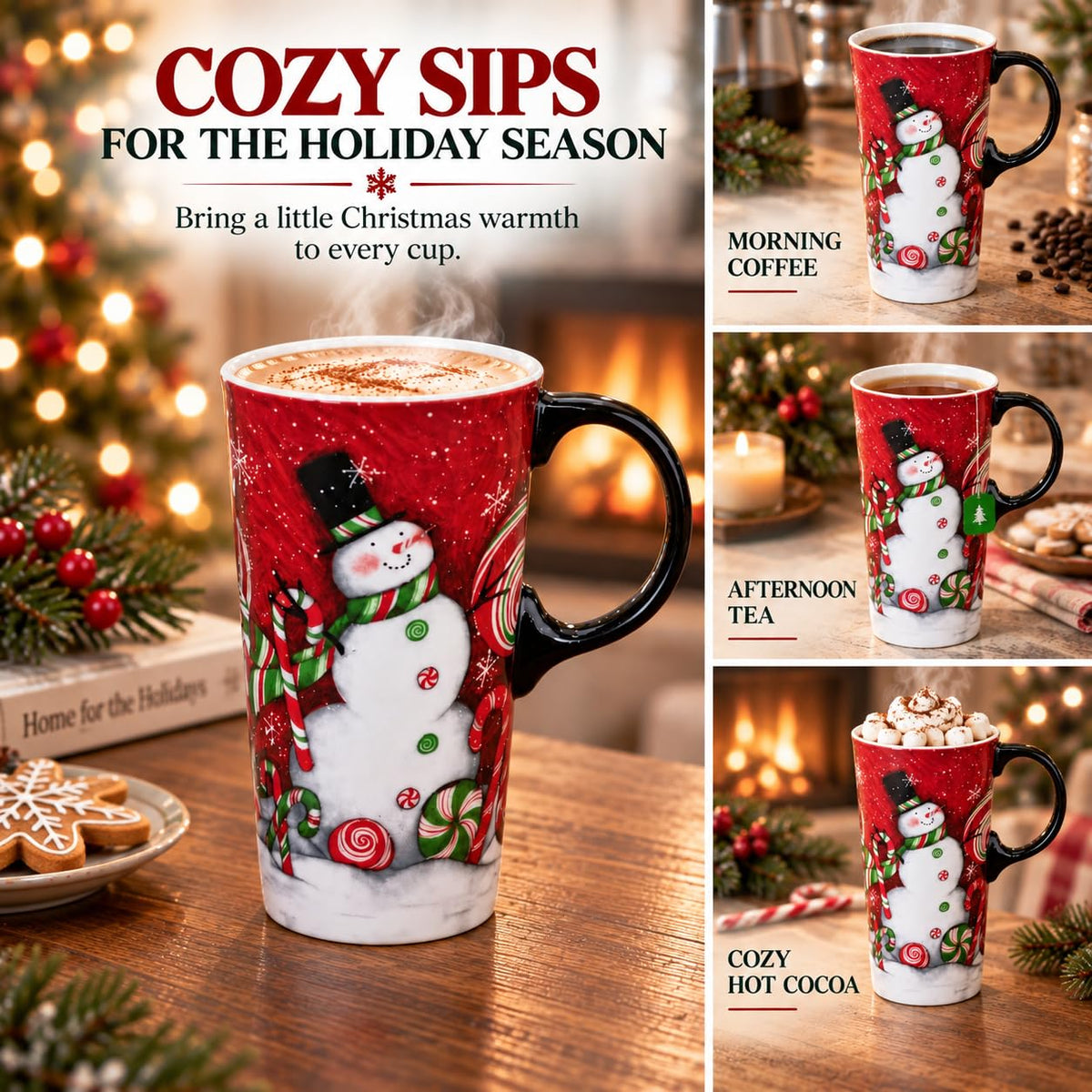 Topadorn Ceramic Coffee Mug with Lid, 17 Ounces, Candy Cane Snowman