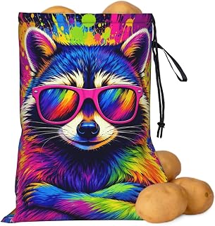 Raccoon Sunglasses Splash Ink Potato Storage Bag 16.1X11.4 In | Blackout Lining Potatoe Onion Pouch With Drawstring Easy To Clean Vegetable Storage For Pantry Kitchen