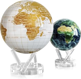 MOVA Globe Bundle – Pearl White and Gold 8.5” + Earth with Clouds 4.5” | Solar-Powered Rotating Globes | No Batteries or Cords | Modern Luxury Meets Natural Earth Decor Gift