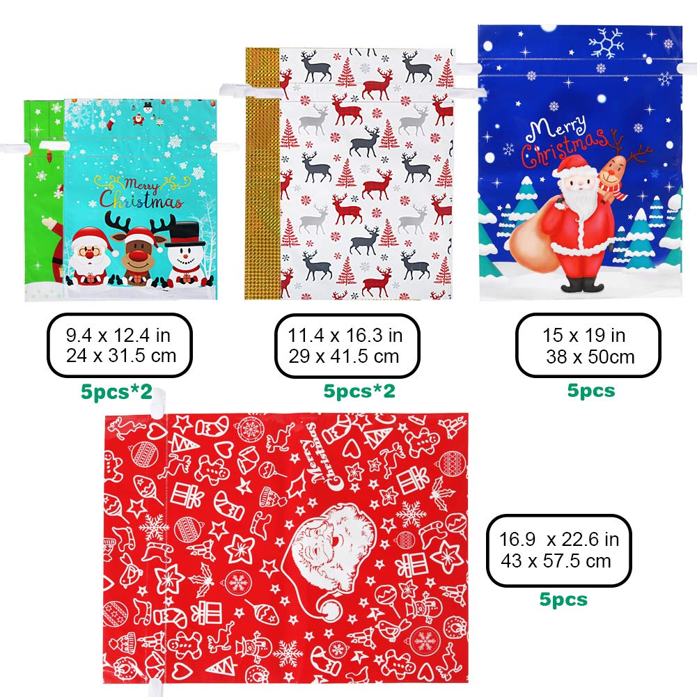 HRX Package Christmas Drawstring Gift Bags, 30 Count in 4 Sizes, Assorted Foil Designs