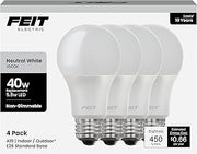 Feit Electric A19 LED Light Bulb, 40-Watt Equivalent, 3500K Neutral White, E26 Base, 450 Lumens, 11,000-Hour Lifespan, General-purpose Residential or Commercial Applications, A450/835/10KLED/4, 4-Pack