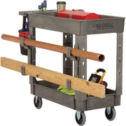 Plastic 2 Shelf Service Cart with Ladder Holder and Utility Hooks by Global Industrial – 38"L x 23.5"W x 32.5"H, Plastic, Gray, Model 800371