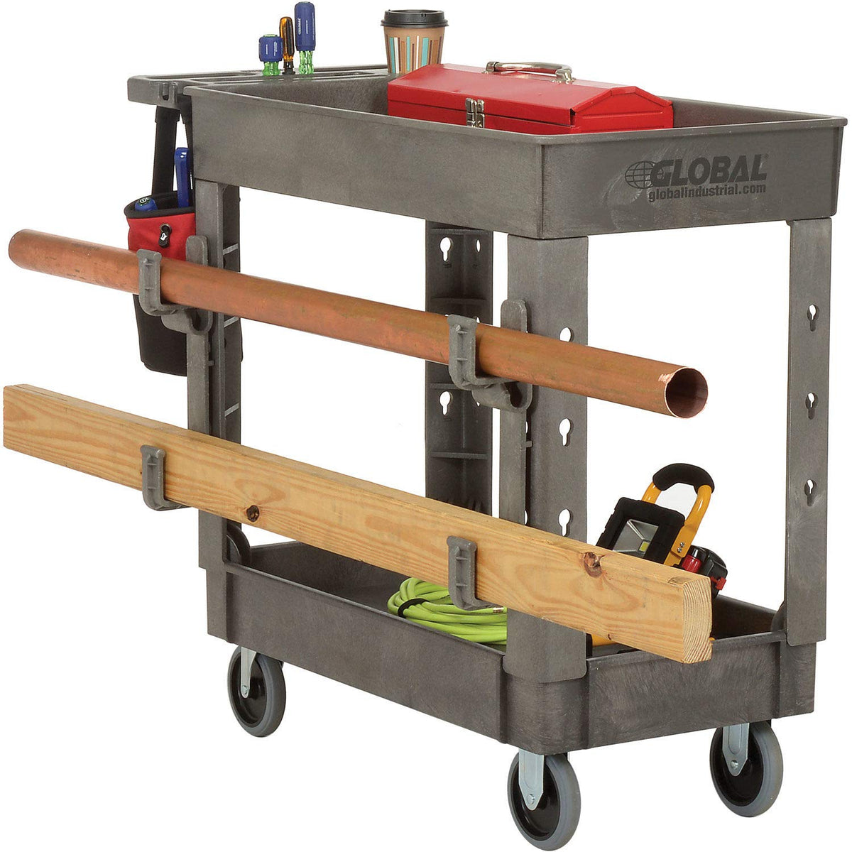 Plastic 2 Shelf Service Cart with Ladder Holder and Utility Hooks by Global Industrial – 38"L x 23.5"W x 32.5"H, Plastic, Gray, Model 800371