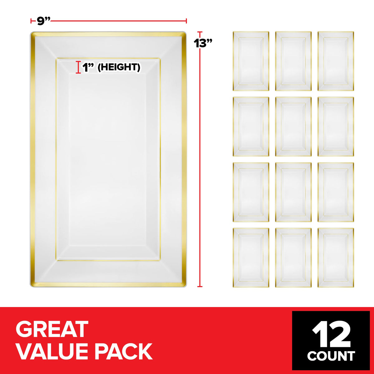 (12 Pcs) Premium White and Gold Plastic Serving Tray by Stock Your Home – 13 inches, Plastic, White, Pack of 12
