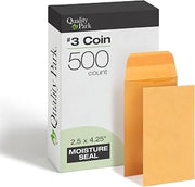 Quality Park 2-1/2 x 4-1/4 Coin Envelopes, #3 Coin Envelopes, 500 Pack, with Gummed Flap, 28 lb Brown Kraft Paper for Small Parts and Cash, Ideal for Home and Office Organization