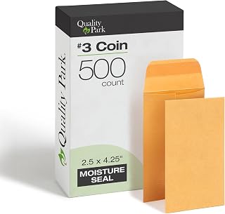 Quality Park 2-1/2 x 4-1/4 Coin Envelopes, #3 Coin Envelopes, 500 Pack, with Gummed Flap, 28 lb Brown Kraft Paper for Small Parts and Cash, Ideal for Home and Office Organization