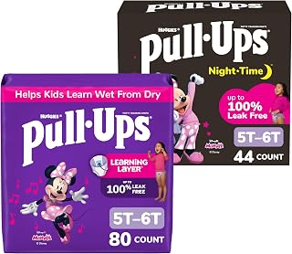Pull-Ups Day and Night Bundle: Training Pants for Girls, Size 5T-6T (46-60 lbs), 80 Count (2 Packs of 40) & Night-Time Training Pants for Girls, Size 5T-6T (46-60 lbs), 44 Count