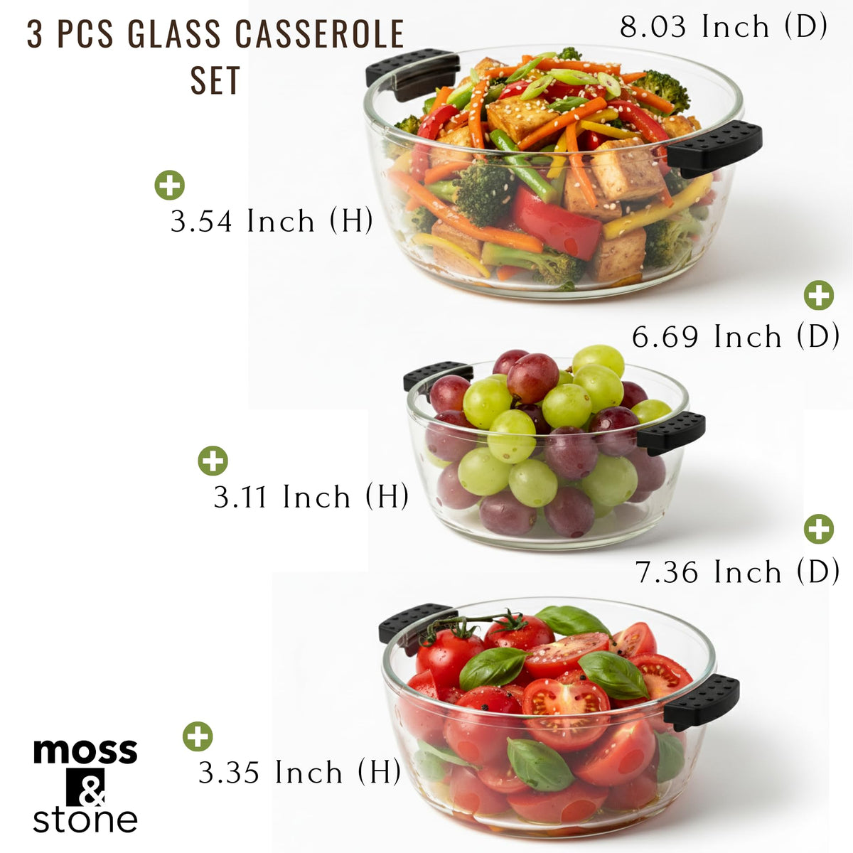 Moss & Stone Glass Casserole Set with Lids, Borosilicate, Clear Yellowish, 3 Count