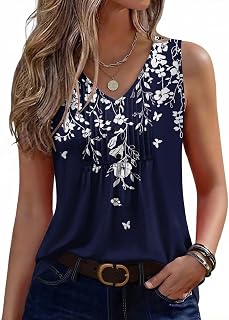 Womens Tank Tops Summer Sleeveless Pleated V Neck Tunic Shirts Loose Casual Button Flowy Boho Clothes S-3XL