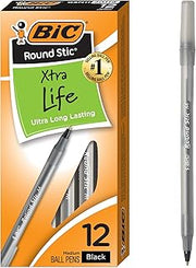 BIC Round Stic Xtra Life Black Ballpoint Pens, 12-Count, 1.0mm Medium Point