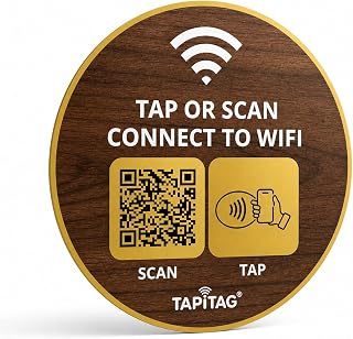 WiFi Porter – Tap or Scan to Connect to WiFi, Adhesive Sign with NFC and QR, Dynamic Online Profile, No App Needed, Compatible with iPhone & Android (Walnut, 70mm)