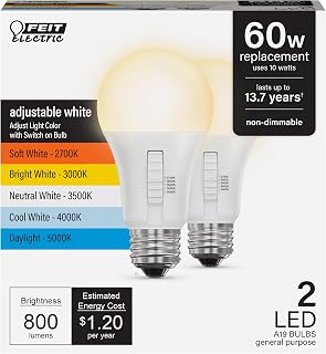 Feit Electric A19 LED Light Bulb, 60W EQ, 5CCT 6Way, 800 Lumens, 2-Pack