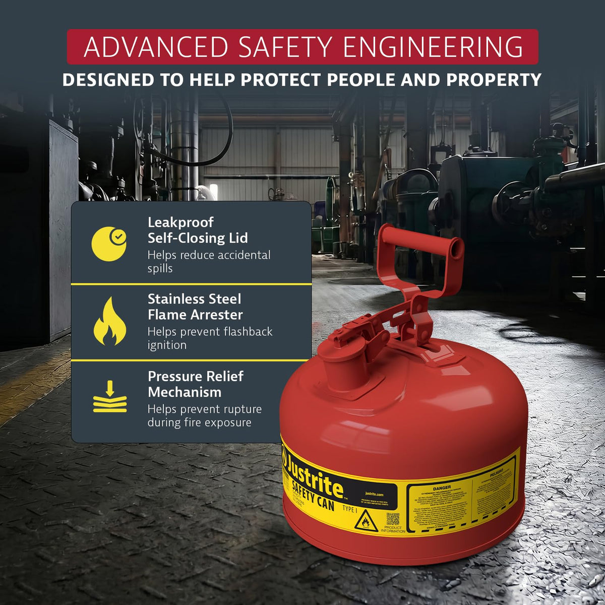 Type I Gasoline Safety Can by Justrite – 2.5 Gallon, 2.5 gallons, Alloy Steel, Red, Model 7125100