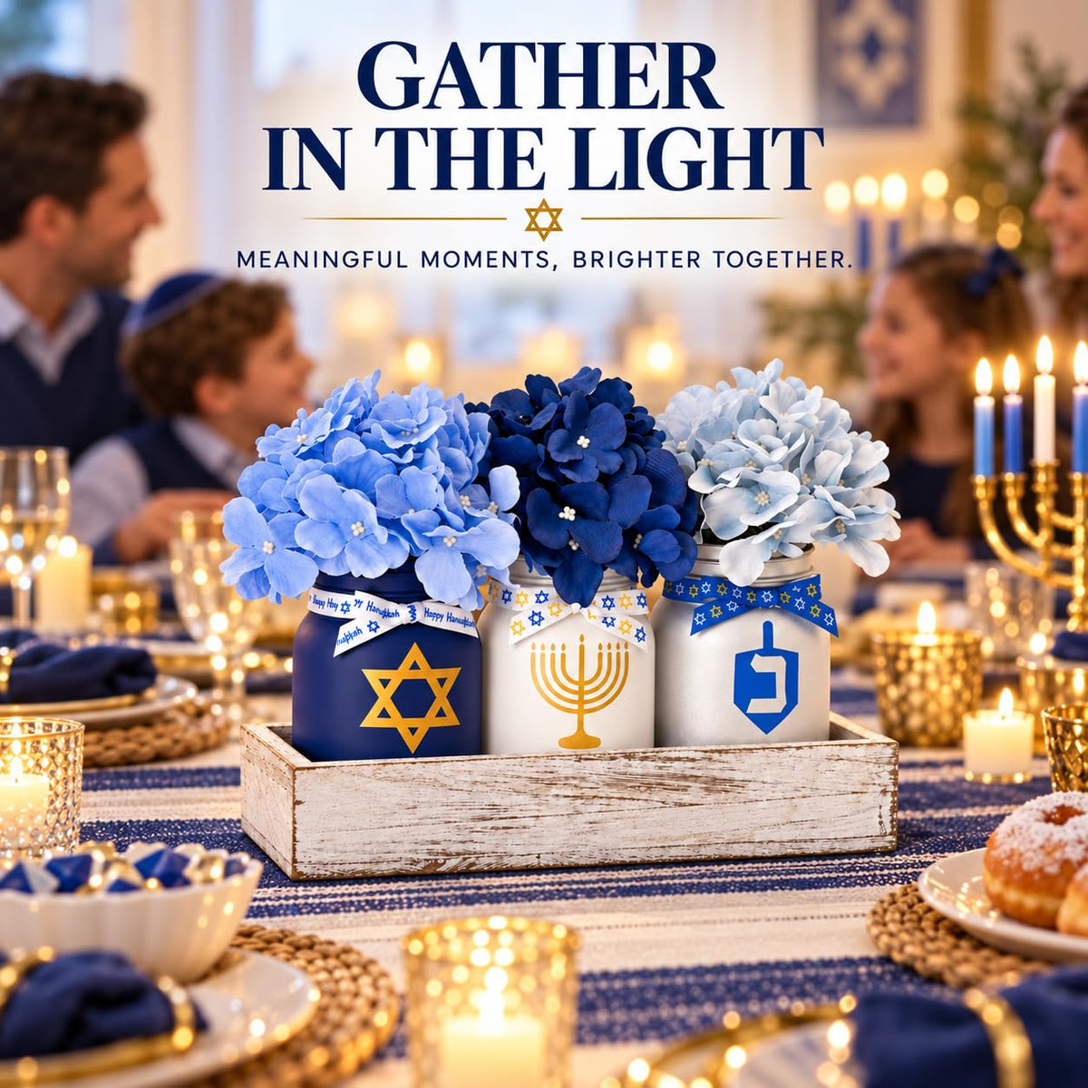 Kivivo Hanukkah Mason Jar Set, Blue Glass with Tray and Flowers