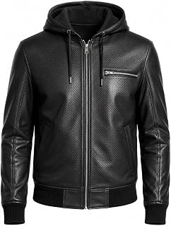 Men's Black Genuine Lambskin Leather Perforated Flight Bomber Hooded Jacket
