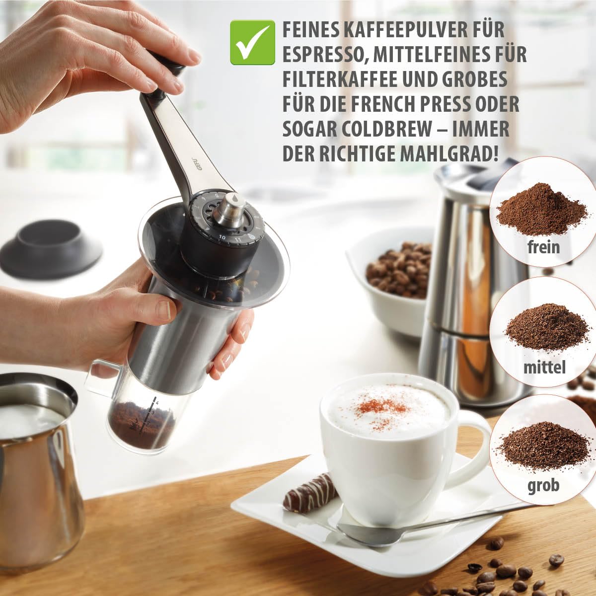 Handheld Coffee Grinder with Adjustable Ceramic Grinding Gear by GEFU – 14 x 5 x 5 cm, 4 cups, Stainless Steel, Black, Model 16330