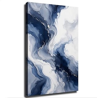 Navy Blue Fluid Abstract Wall Art Marble Style Canvas (24×36inch-Framed)