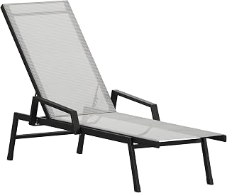 Flash Furniture Brazos Adjustable Chaise Lounge Chair with Arms, All-Weather Outdoor Five-Position Recliner, Black/Gray