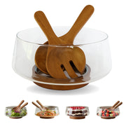 Wood & Whisk Glass Salad Bowl Set, Large, Acacia Wood Base