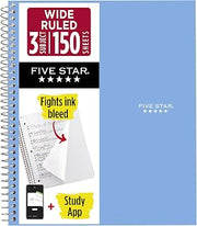 Five Star Spiral Notebook + Study App, 3 Subject, Wide Ruled Paper, 8" x 10-1/2", 150 Sheets, Fights Ink Bleed, Water Resistant Cover, Tidewater Blue (73184)