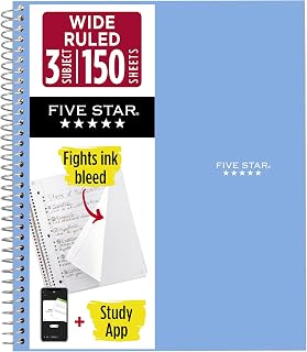 Five Star Spiral Notebook + Study App, 3 Subject, Wide Ruled Paper, 8" x 10-1/2", 150 Sheets, Fights Ink Bleed, Water Resistant Cover, Tidewater Blue (73184)
