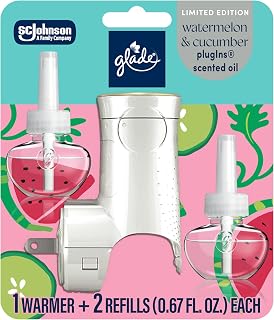Glade PlugIns Refills Air Freshener Starter Kit, Watermelon & Cucumber, Scented and Essential Oils for Home and Bathroom, 0.67 Fl Oz, 1 Warmer + 2 Refills